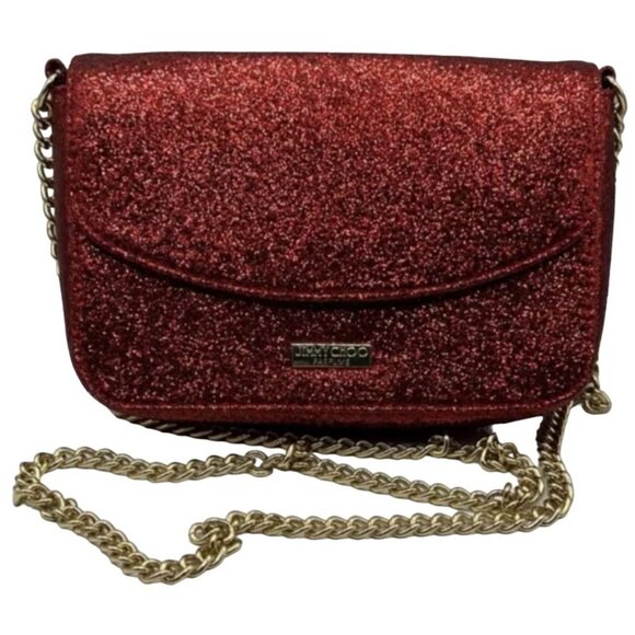 Jimmy Choo Crossbody Evening Purse Red Bag Sparkle Glitter Shimmer Gold Chain - Picture 1 of 9